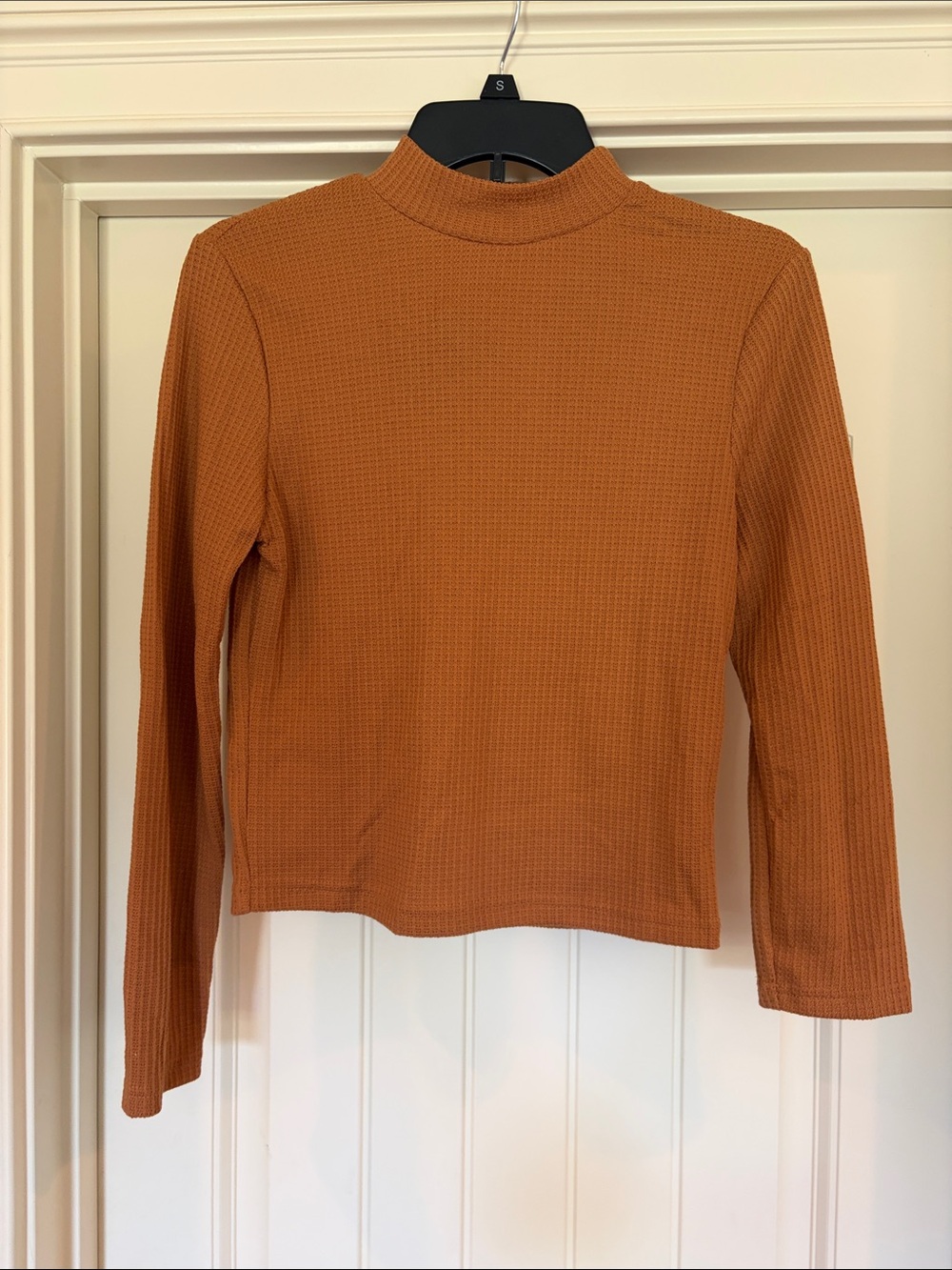 Long Sleeve Mock Neck Waffle crop Knit Top - Rust